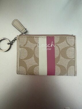 Coach Beige Canvas Card Case with Pink & Cream Stripe